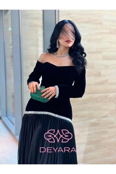 DEYARA FASHION فستان مخملي أسود بتصميم أوف شولدر أنيق