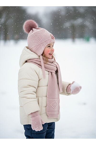 Kitti 1-4 Yaş Kız Çocuk Atkı-Bere-Eldiven-Açık Pembe