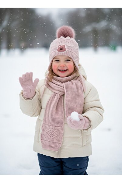 Kitti 1-4 Yaş Kız Çocuk Atkı-Bere-Eldiven-Açık Pembe
