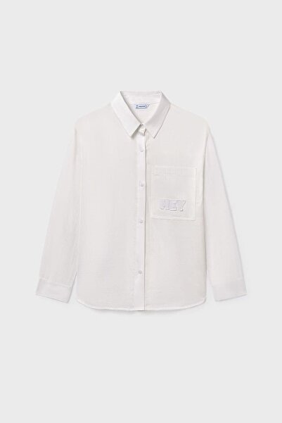 MAYORAL Girl's Regular Fit Embroidered Pocket Detailed Shirt - Cream