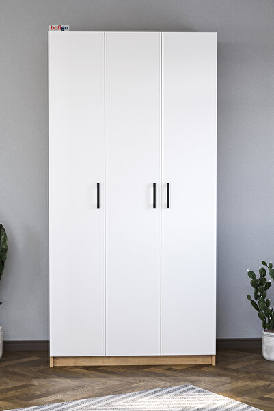Bofigo 3 Kapaklı 8 Raflı Gardırop Elbise Dolabı 3 Kapaklı Gardırop Smyrna Safir Meşe Beyaz