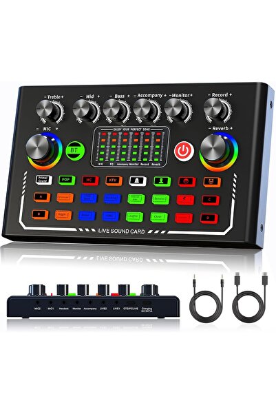 ELLEGLAM بطاقة صوت حية بتقنية البلوتوث F009، خلاط صوت بودكاست RGB لأجهزة الكمبيوتر والهواتف والألعاب