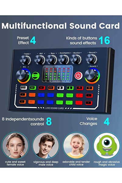 ELLEGLAM بطاقة صوت حية بتقنية البلوتوث F009، خلاط صوت بودكاست RGB لأجهزة الكمبيوتر والهواتف والألعاب