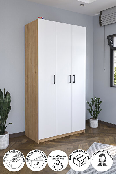 Bofigo 3 Kapaklı 8 Raflı Gardırop Elbise Dolabı 3 Kapaklı Gardırop Smyrna Safir Meşe Beyaz