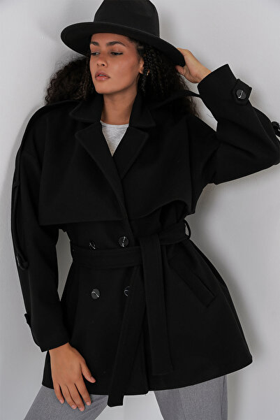 Bigdart Kadın Kuşaklı Oversize Kaşe Kaban 9157 - Siyah