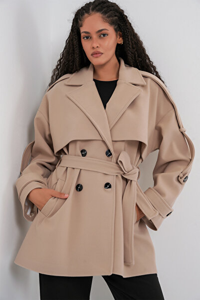 Bigdart Palton supradimensionat Kaşe pentru femei cu curea 9157 - Bej