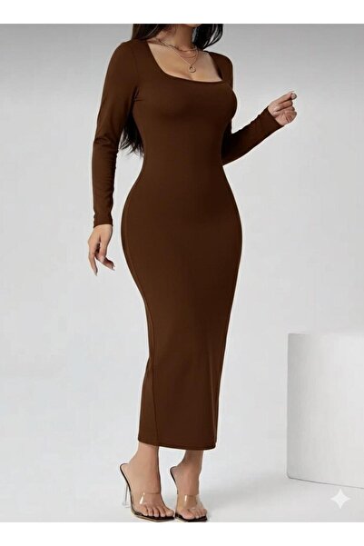 MEGOMEL Kahverengi Kare Yaka Uzun Kollu Likralı Uzun Elbise