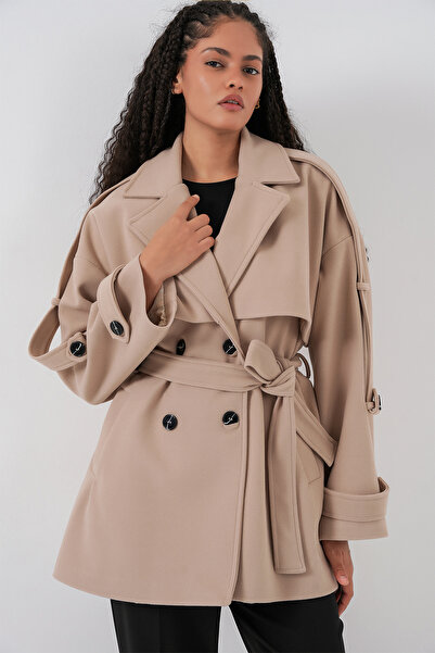 Bigdart Kadın Kuşaklı Oversize Kaşe Kaban 9157 - Bej