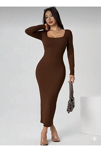 MEGOMEL Kahverengi Kare Yaka Uzun Kollu Likralı Uzun Elbise