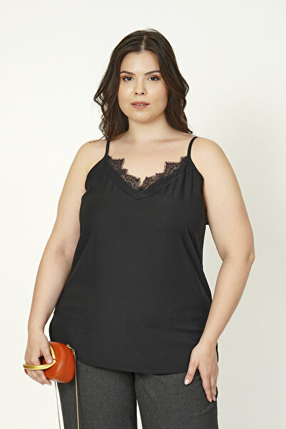 Büyük Moda Strapped Satin Textured Lace Blouse