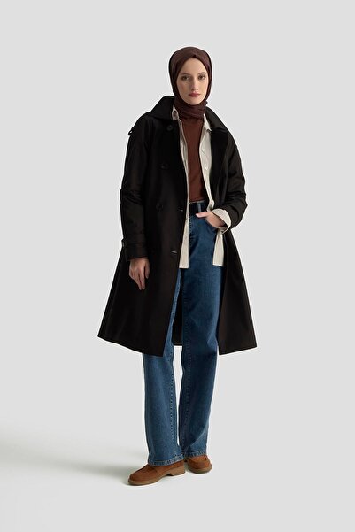Armine TREND Double Button Detailed Waist Tied Trench Coat Black 25Kt713