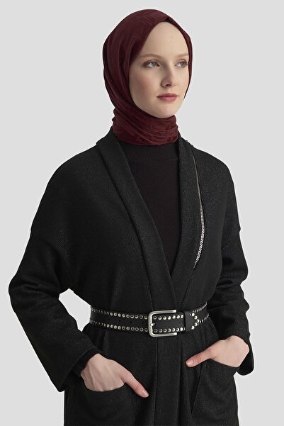 Armine TREND Ornamental Zipper Detailed Glittery Corded Fabric Cardigan Black 25Kt532