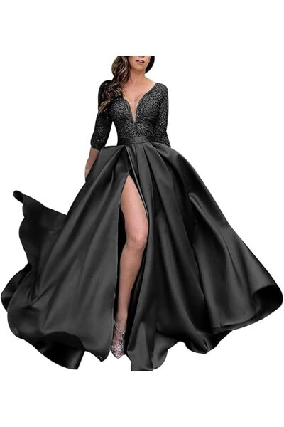 Margoun فستان نسائي طويل بأكمام طويلة، مناسب لحفلات الكوكتيل والسهرة، شق أمامية، فستان حفلات راقصة، A1574