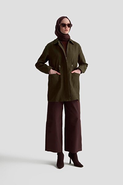 Armine TREND Kabartma Desenli Belden Sıkmalı Fermuarlı Cepli Ceket Yağ Yeşili...