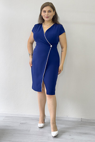 zks grup tekstil Women's Double-Breasted Collar Midi Length Stone Detail Plus Size Dress White, Red, Black, Green, Cobalt