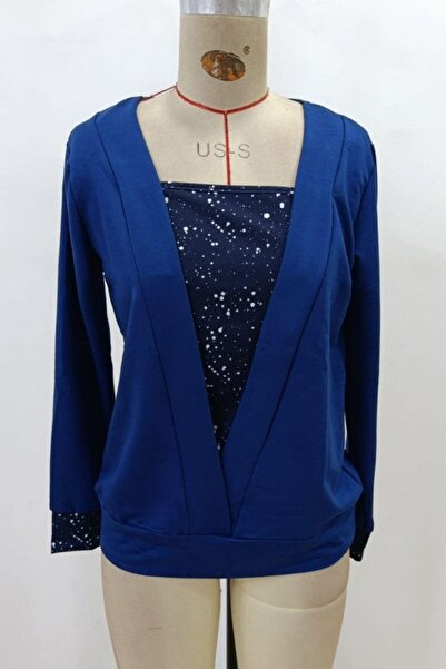 Mossta Блузка з віскози з візерунком на внутрішній стороні V-подібного вирізу - темно-синя