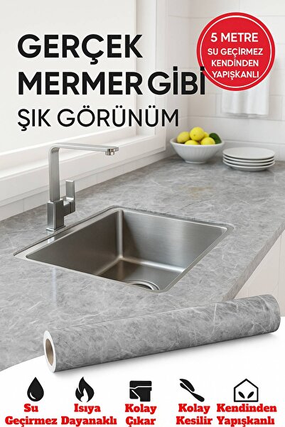TOYFEST Grey Marble Patterned Self-Adhesive Waterproof Countertop Covering Foil – Glossy Surface 60X500 cm