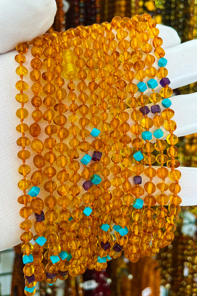 İpek Kehribar Round Caramel Original Drop Amber Baby Girl & Child Necklace – Turquoise Amethyst Stone Silk-344