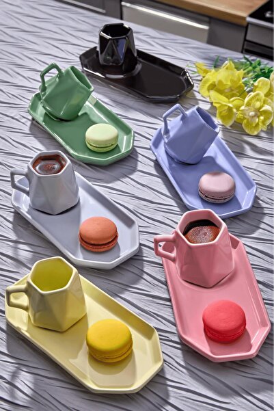 İLİVA 6 Kişilik 12 Parça Modern Renkli Kahve Fincan Seti - Prizma Kahve Takımı,Geometrik Tasarım