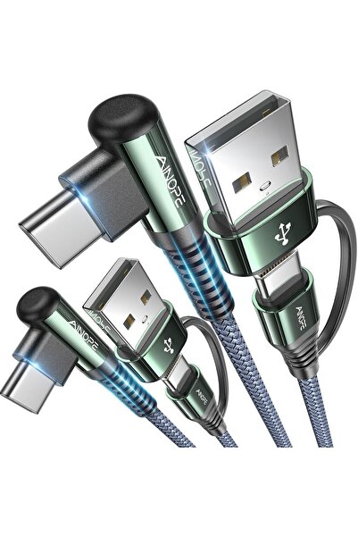 AINOPE USB-C Fast Charging Cable 6.6 ft (2-Pack) 60W 3.1A Right-Angle - Gray