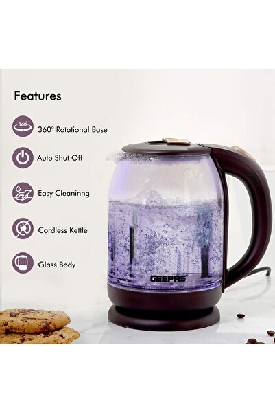 Geepas 1500W Illuminated Glass Cordless Kettle with Boil-Dry Protection, 1.8L
