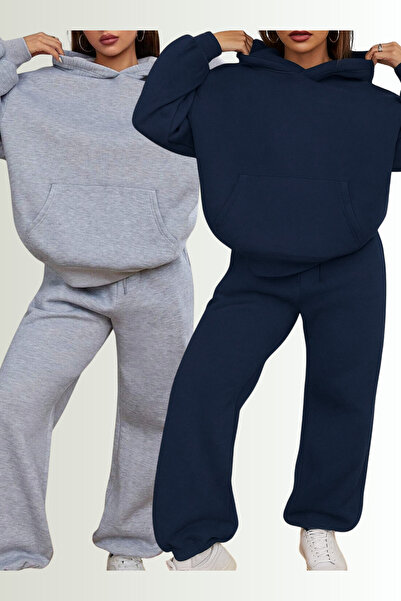 NAKRUF Kadın Gri Ve Lacivert 2'li Oversize Kapüşonlu Eşofman Takımı Kışlık Iç...