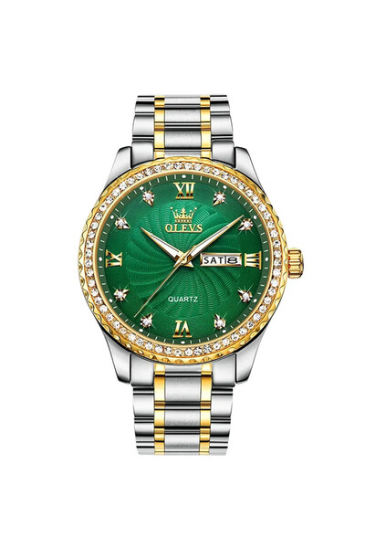 OLEVS Ceas barbatesc , otel inoxidabil, argintiu-auriu, cadran verde