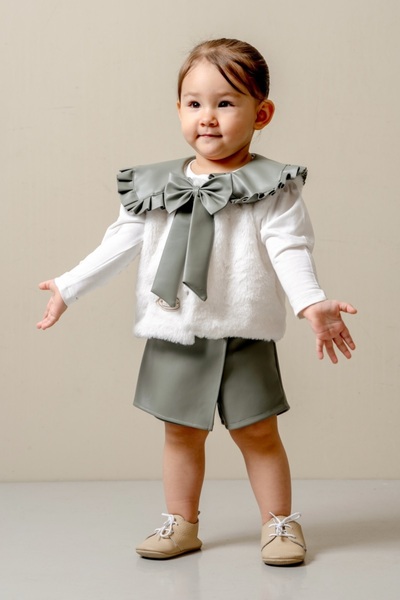 PARK BEBE Baby Girl Vest Leather Shorts Suit 3 Pieces