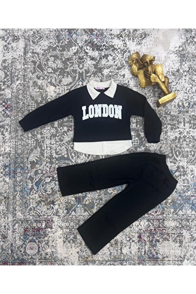 ENN CLOTHIGN CLUB Girl's London Letter Print Collar Detailed Tracksuit Set