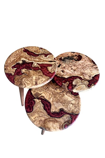 GökçesanSehpa EPOKSİ ZİGON SEHPA KIRMIZI DOĞAL AHŞAP BOHEM