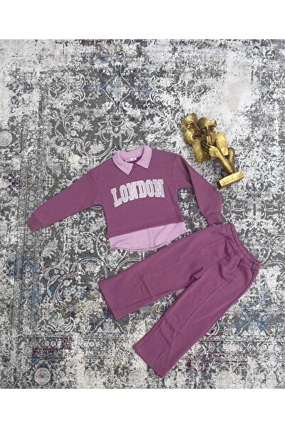 ENN CLOTHIGN CLUB Girl's London Letter Print Collar Detailed Tracksuit Set