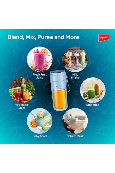 İMPEX Portable Personal Blender PBL 02 - 500ml, USB-C Rechargeable, 50W, Blue