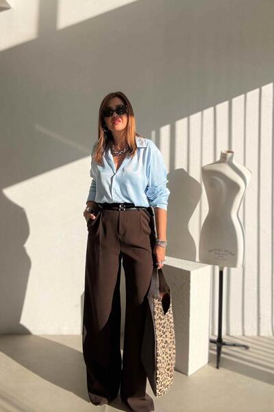 ELVAN TOLON Kahverengi Bol Paça Kumaş Pantolon