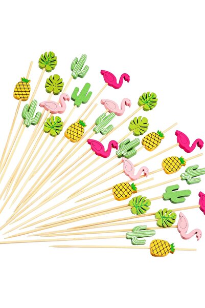 Generic 100 PCS Tropical Appetizer Picks Bamboo Cocktail Toothpicks Flamingo Pineapple Palm Leaf Cactus