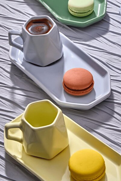 İLİVA 6 Kişilik 12 Parça Modern Renkli Kahve Fincan Seti - Prizma Kahve Takımı,Geometrik Tasarım