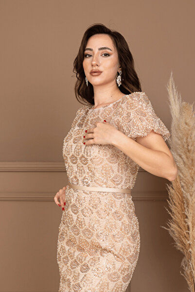 BEYBOS Full Boncuklu Kalem Elbise - GOLD