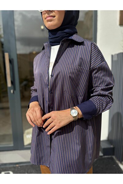 QOOQ STORE 26FW206 Çizgili Kadın Gömlek Mavi