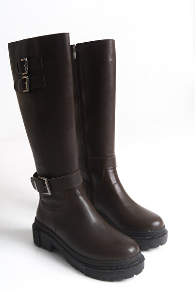 Ayakkabı Delisiyim Καφέ Δερμάτινες Γυναικείες Μπότες Αντιολισθητική Σόλα με φερμουάρ Emy