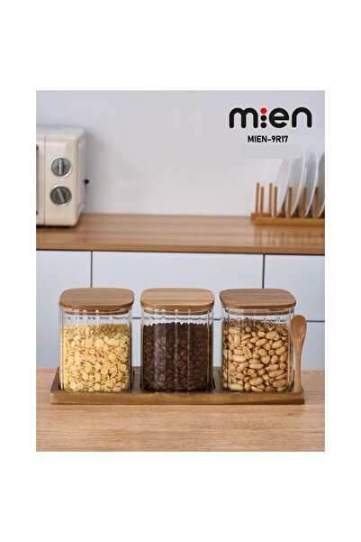 MİEN Akasya Ahşap Standlı 3’lü Çizgili Cam Baharatlık Seti – Kare – 750 ml