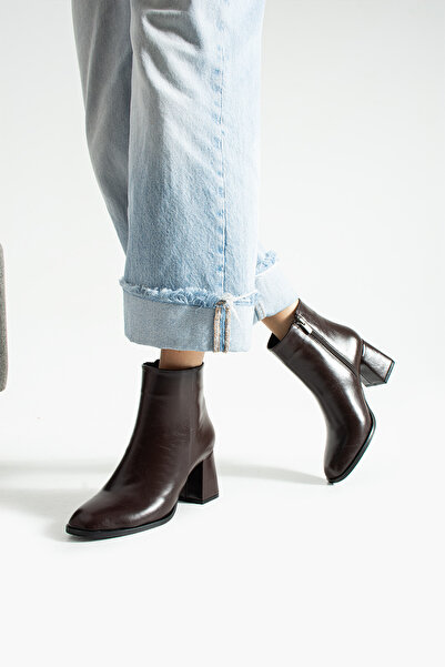 Güllü Shoes Kahverengi Suni Deri Kısa Bilekli Topuklu Bot – Kalın Topuklu Fermuarlı Şık Günlük Kadın Ayakkabı