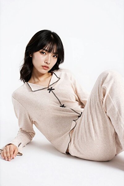 Ecrou Women's Stone Melange Report Ribbed Knit Texture Seoul Long Sleeve Top Pants Pajama Set