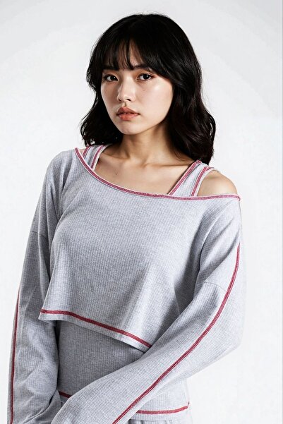 Ecrou Women's Gray Melange Report Ribbed Knit Texture Seoul 3-Piece Pajama Set