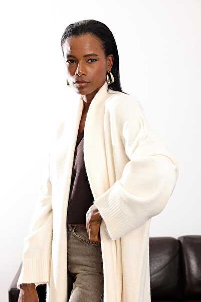 5in1Canpolat Ecru Shawl Collar Maxi Length Cardigan 2310006