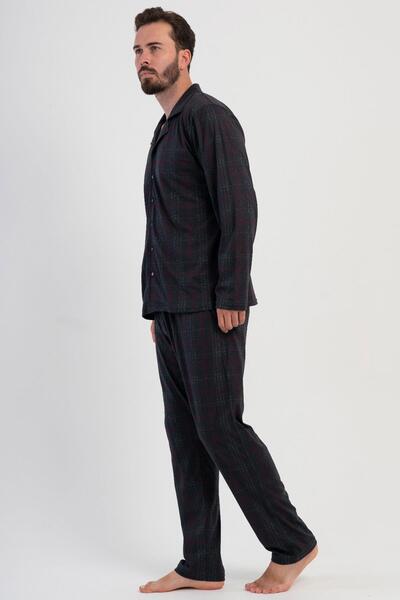 VİENETTA Men's Smoked Long Sleeve Front Button Shirt Collar Plaid Pattern Pajama Set C2T1N1305