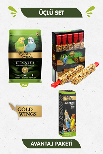 Gold Wings 3lü Set - Premium Muhabbet Kuşu Yemi 1 Kg + 10lu Ballı Meyv. Krake...
