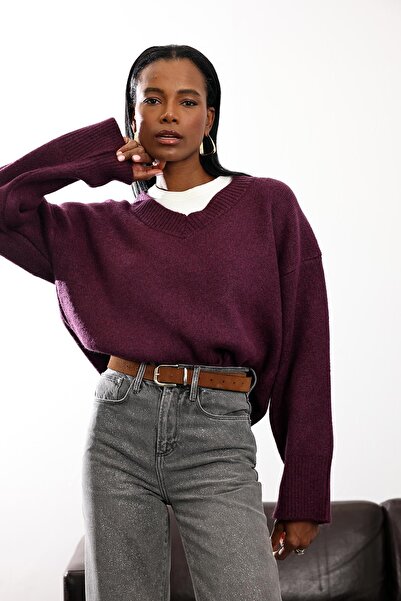 5in1Canpolat Plum Plain Knit V-Neck Sweater 92623