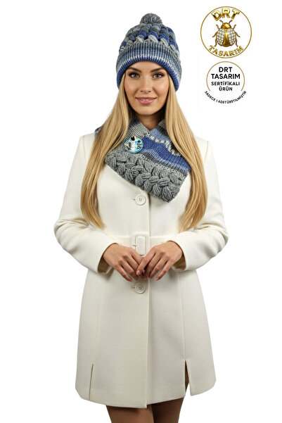 drt tasarım Gray Pistachio Anatolia Double-Breasted Scarf Beret Set