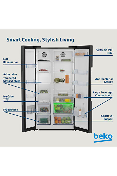 Beko Refrigerator 635L Gross (558L Net)Capacity, Side by Side, Neo Frost, Low Noise, GNE741PP(Black)