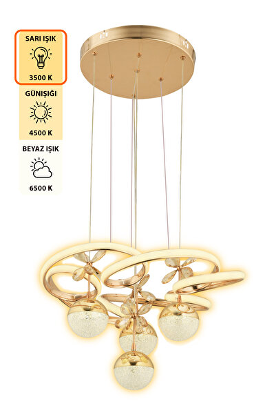 Dekorluna Nora 3 Renk Işık Özellikli Modern Gold Kaplama Sarkıt Led Avize Salon Avize