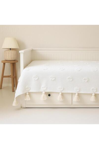 Divanest Püsküllü İskandinav Hemnes Divan Örtüsü Şönil Pike, Yatak Örtüsü Ekru